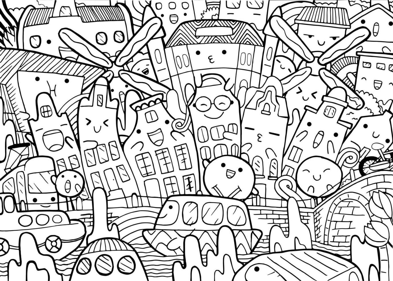 amsterdam cityscape hand drawn coloring vector