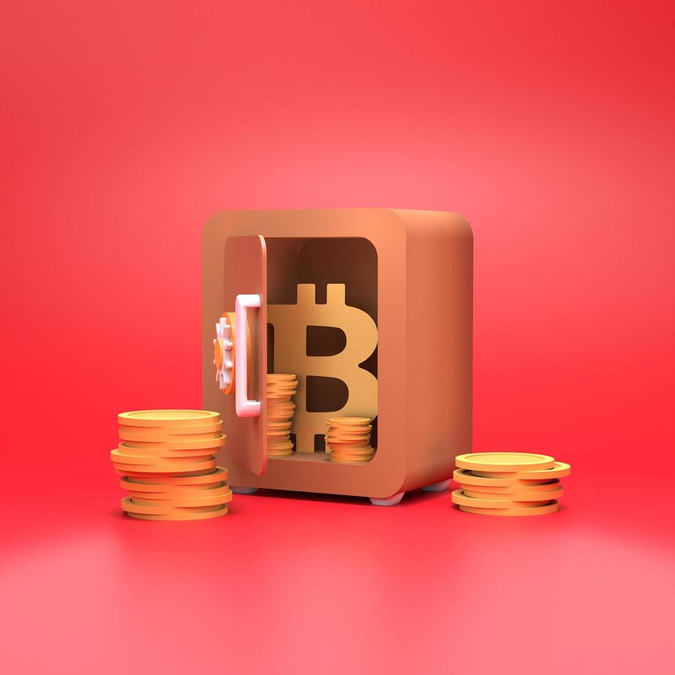 seguro con monedas de oro y bitcoin. concepto de ahorro financiero. ilustración de procesamiento 3d foto