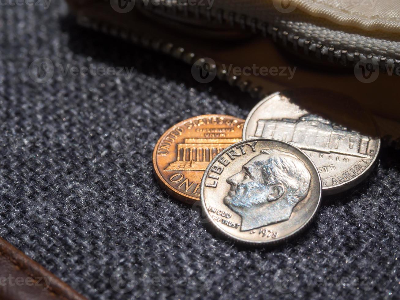 US dollar coins placed outside the wallet. photo