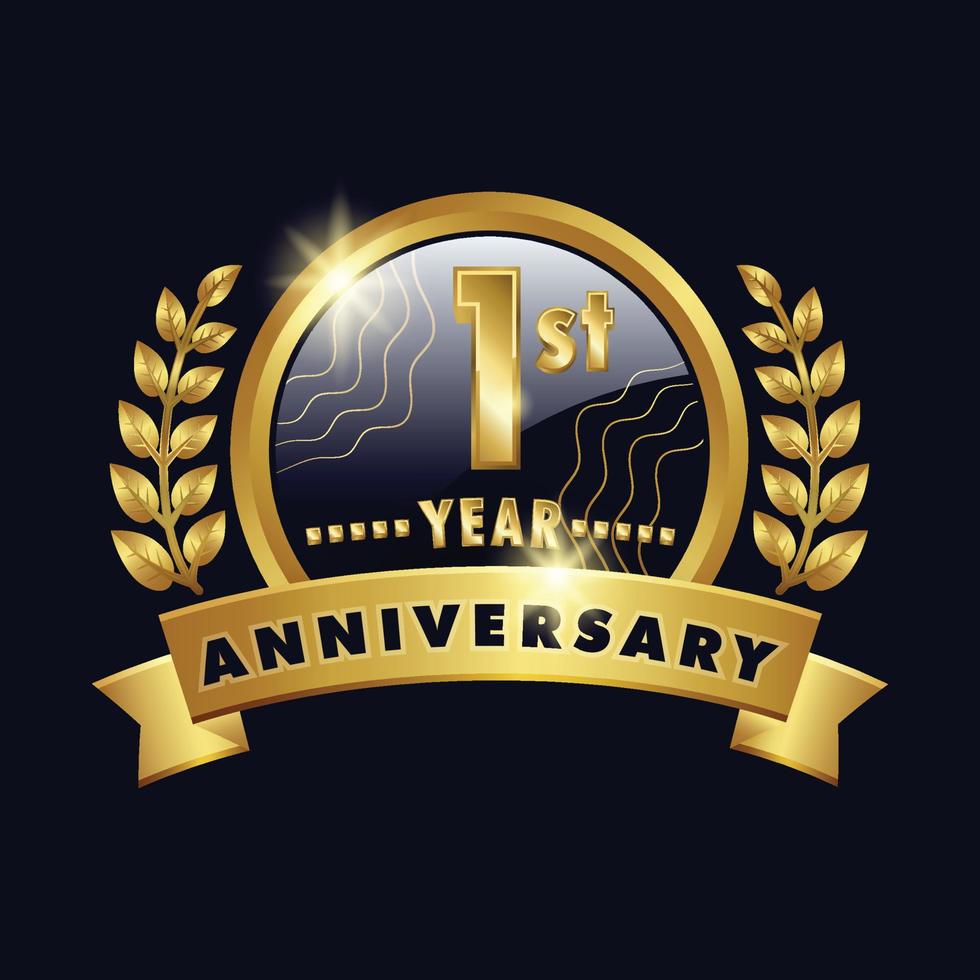 1st anniversary golden logo or badge with ring and ribbon, laurel wreath lines vector design