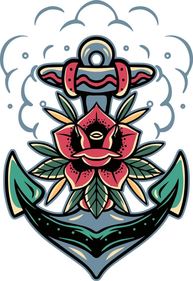 ancla y rosas estilo retro vector