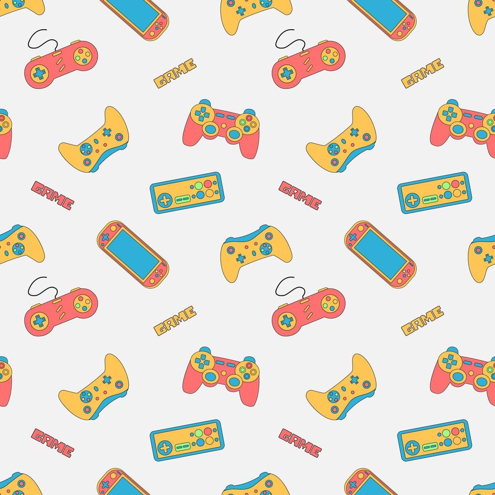 Cute Seamless Abstract Pattern In Pixel Game Style. Colorful Gamer Template With Gamepads, Game Slogans And Gamer Aesthetics. vector