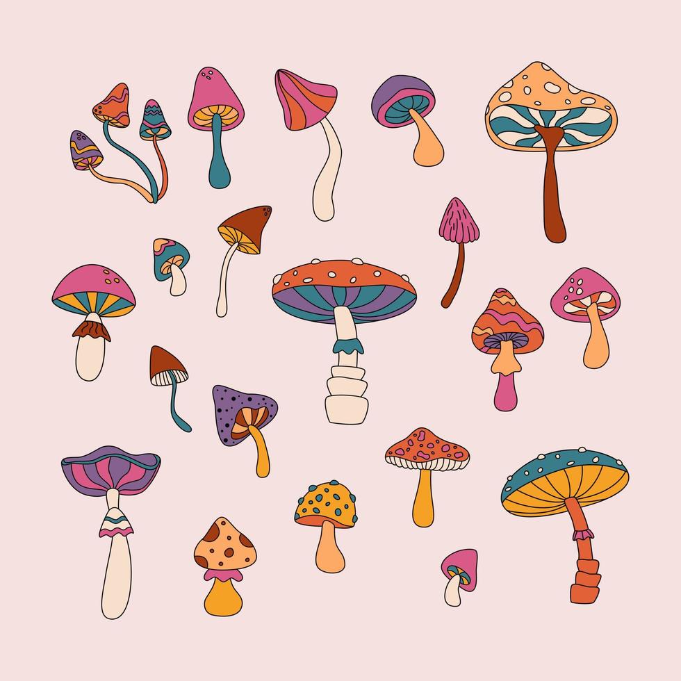 Set Of Colorful Mushrooms In Retro Style 6990929 Vector Art at Vecteezy