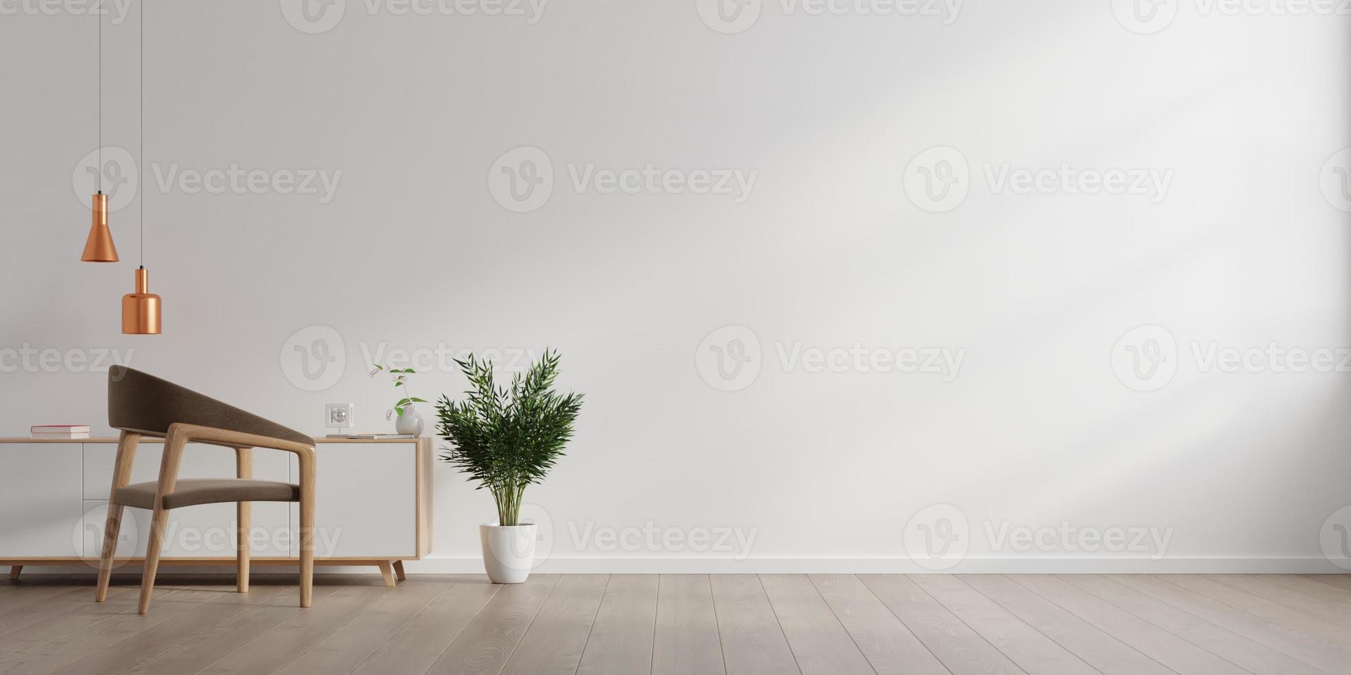 Interior of a bright living room with armchair on empty white wall  background. 6991269 Stock Photo at Vecteezy