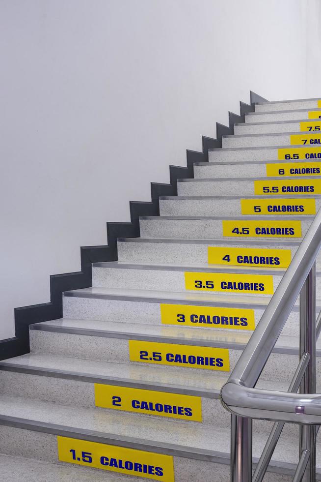 Perspective side view of calories burned stickers on staircase inside of office building in vertical frame photo