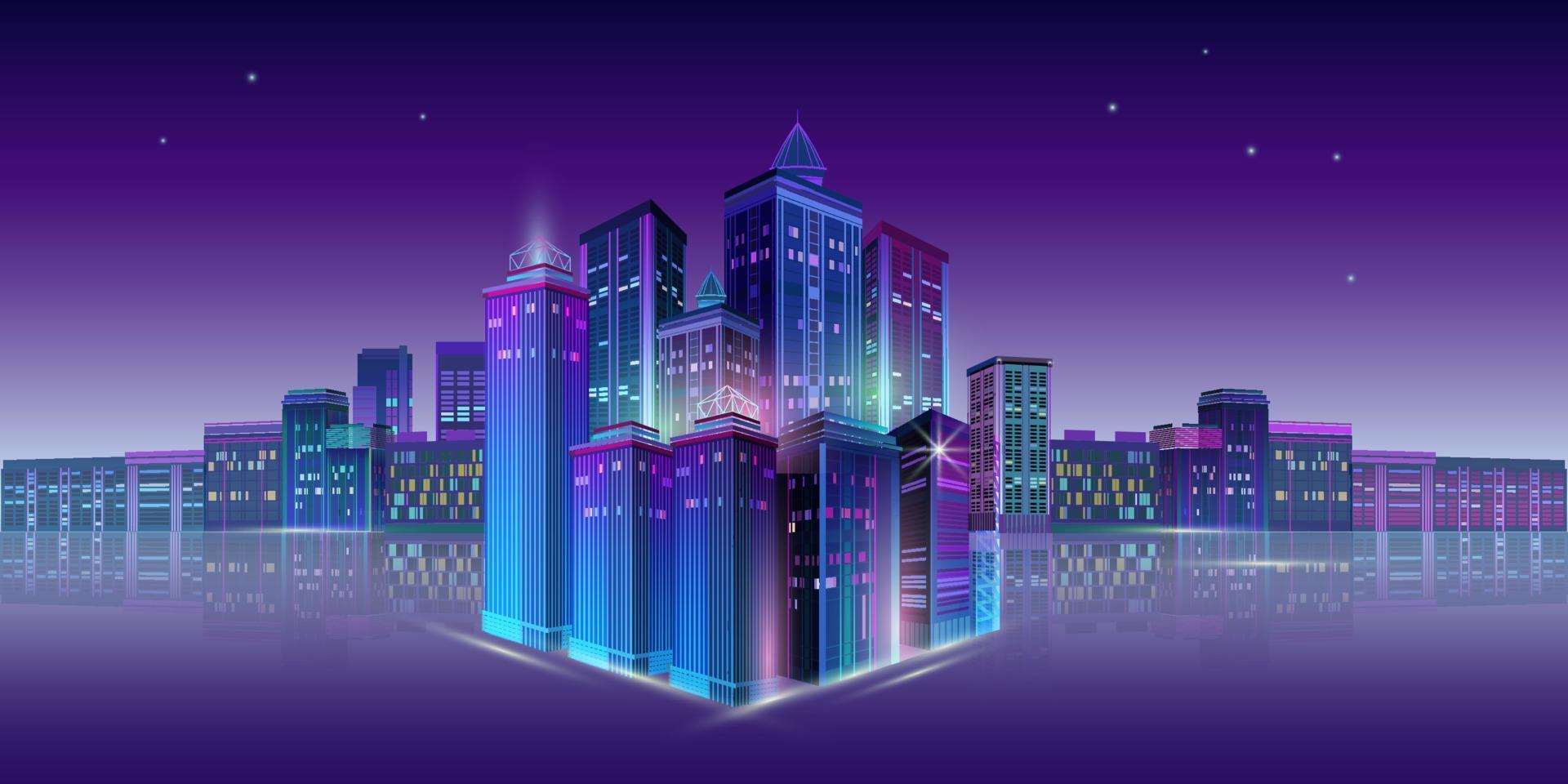 Night City Panorama with Neon Glow on Dark Background. Vector. vector