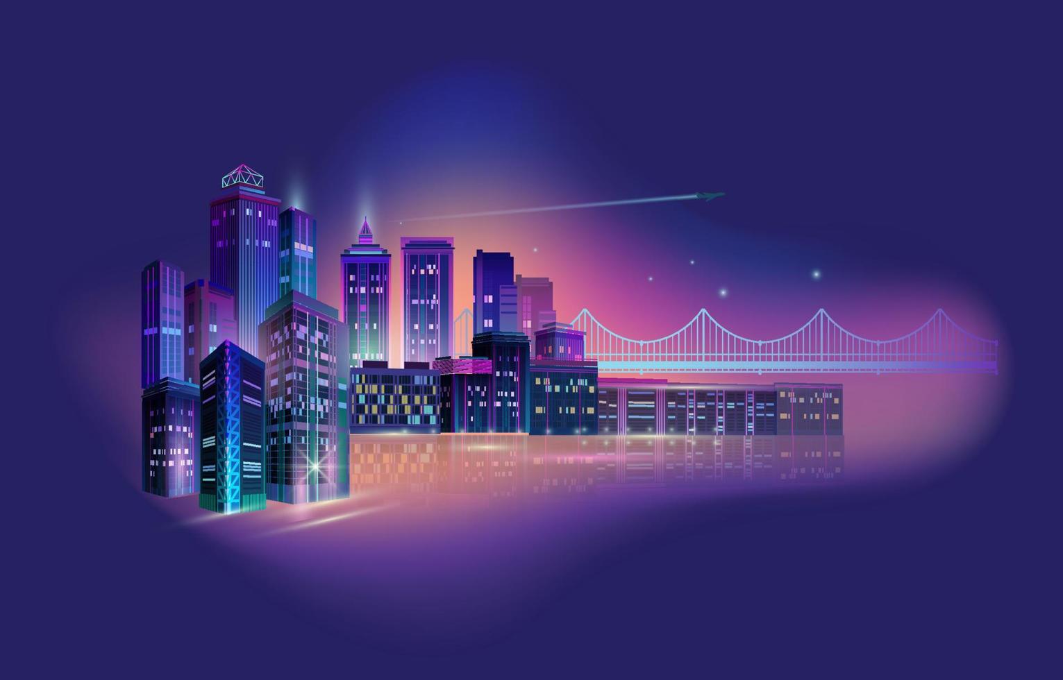 Night City Panorama with Neon Glow on Dark Background. Vector. vector