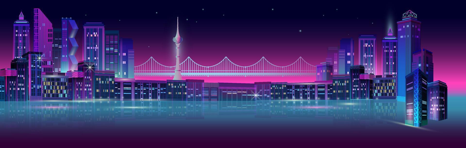 Night City Panorama with Neon Glow on Dark Background. Vector. vector