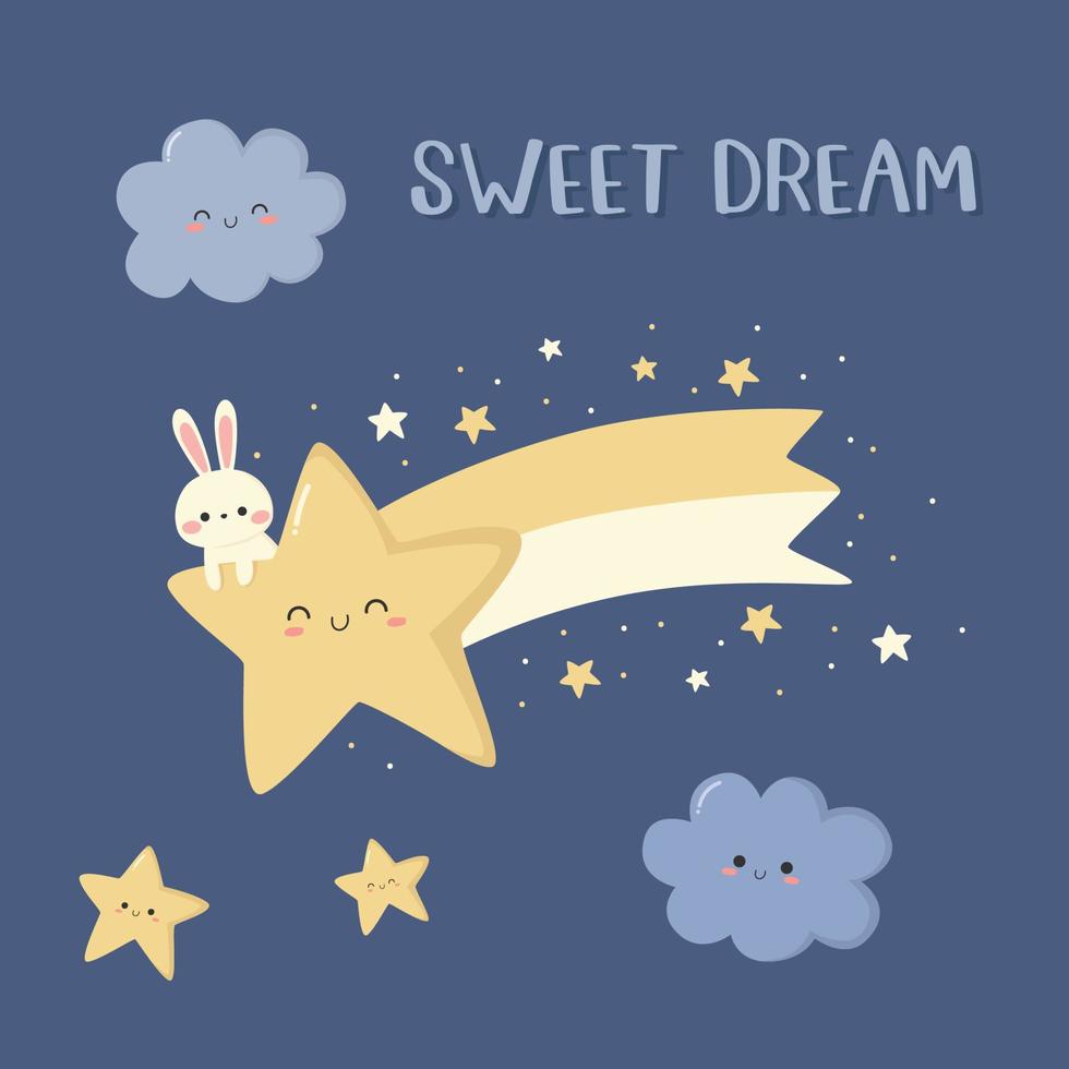 Cute rabbit and falling star cartoon card vector