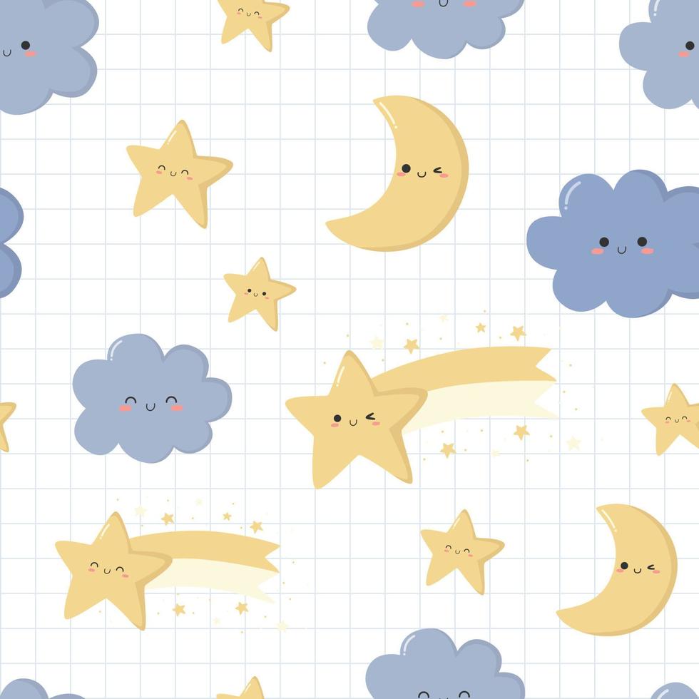 Seamless pattern with cute cloud star and moon cartoon vector