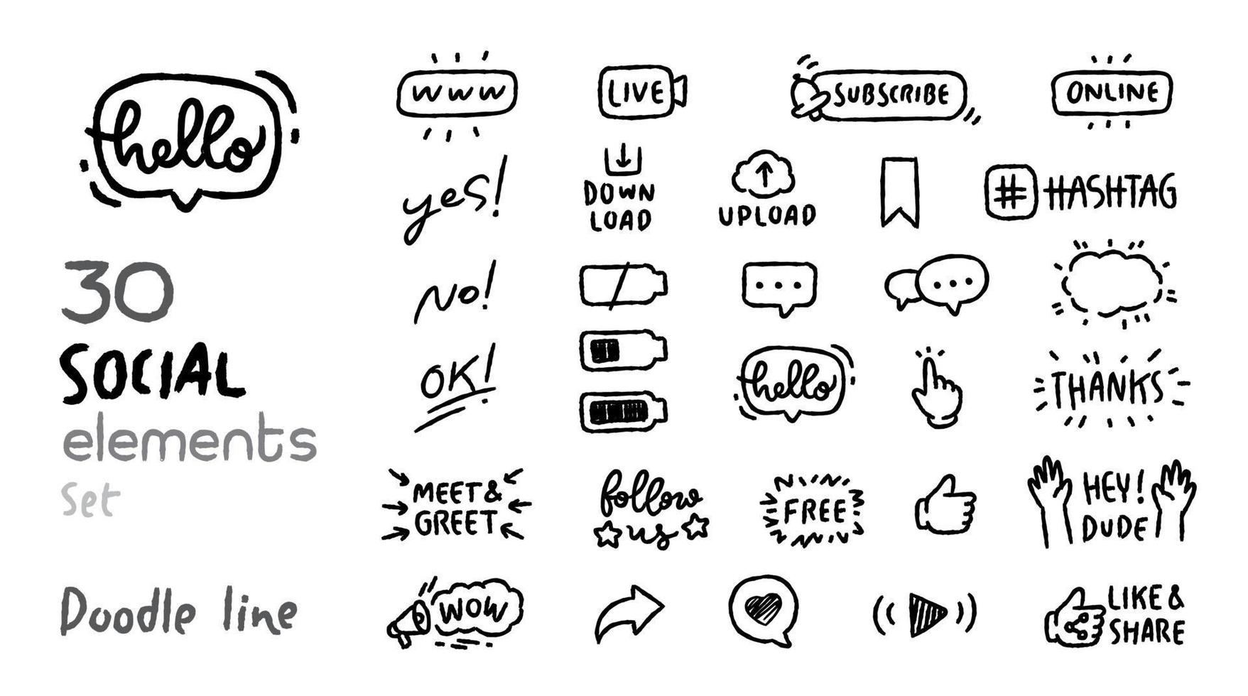 conjunto de vectores de estilo de doodle de elementos de medios sociales