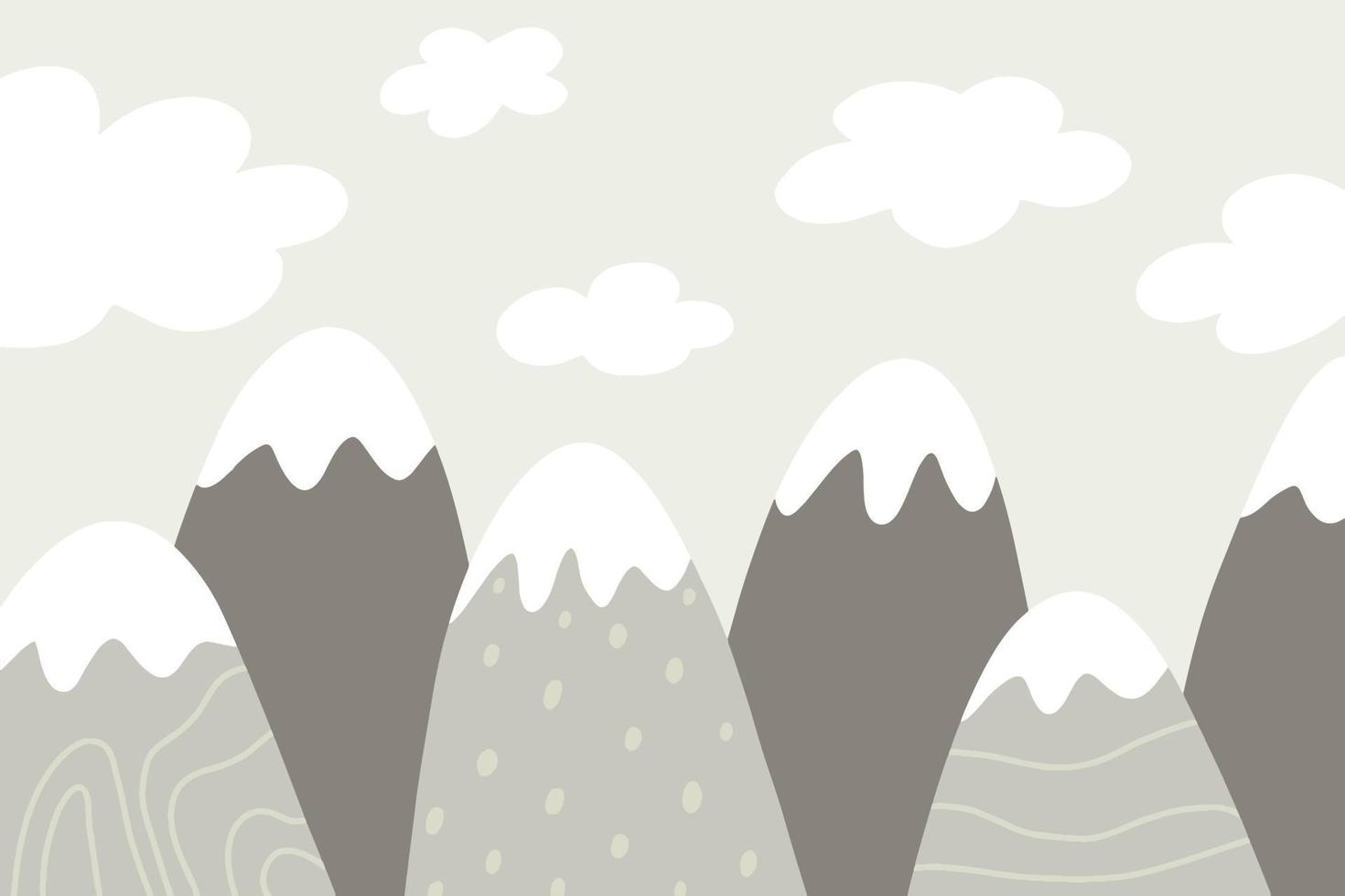 Vector childish drawn mountain illustration in scandinavian style. Mountain landscape, sun and birds. children's wallpaper. Mountain landscape, children's room design, wall decor. Kid's boho style.