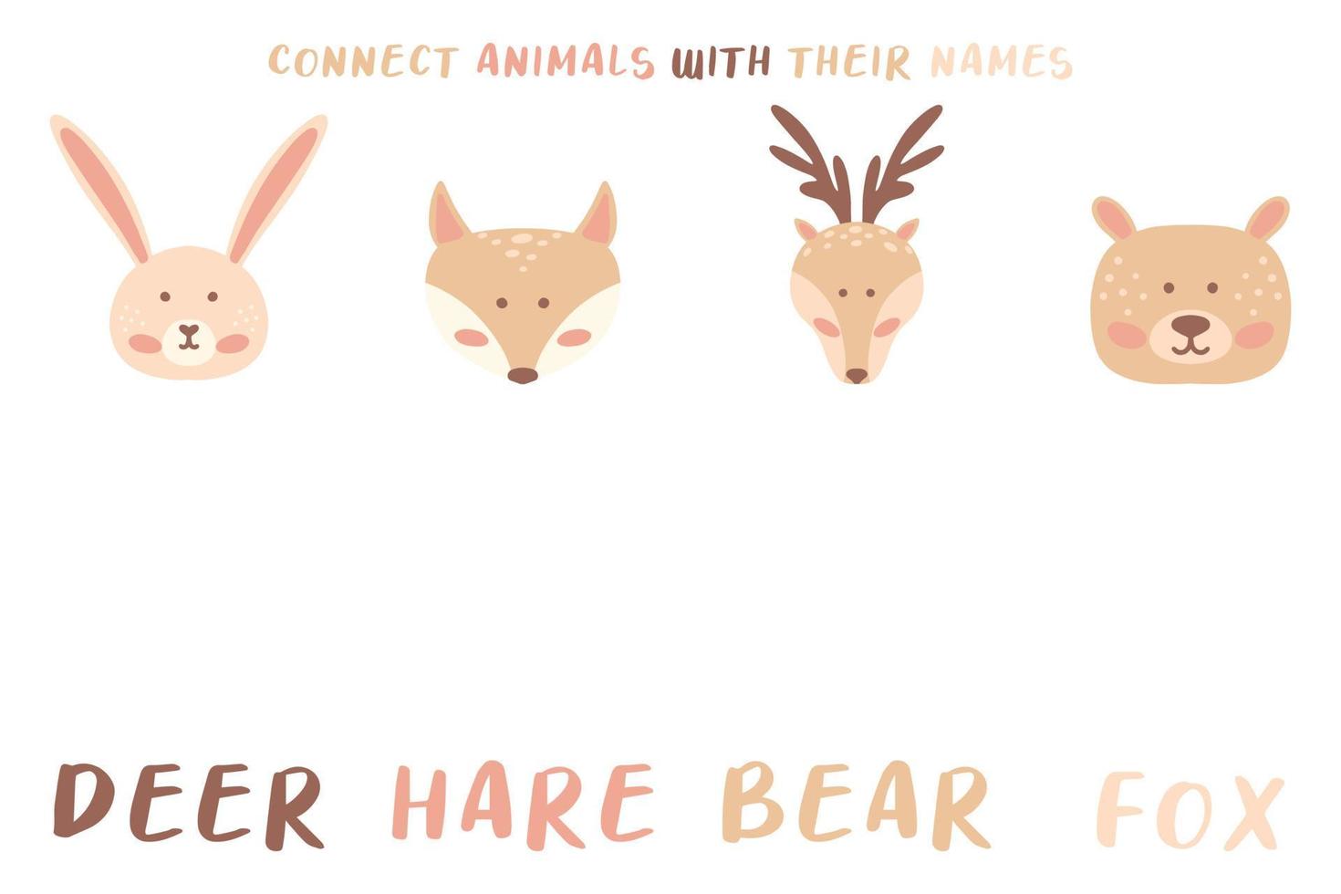 Match the words with the correct pictures. We learn English words. Worksheet for preschool children. Boho style. Match the animals with their names. vector