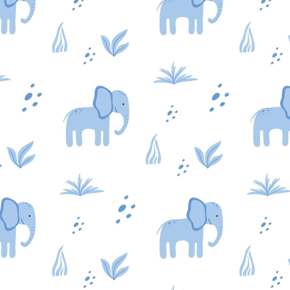 Childish pattern with cute elephant. Drawn pattern with blue elephant and plants. Vector illustration.