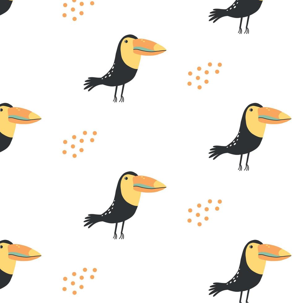 Childish  pattern with cute toucans. Hand-drawn pattern with a toucan. Tropical bird pattern. Vector illustration.