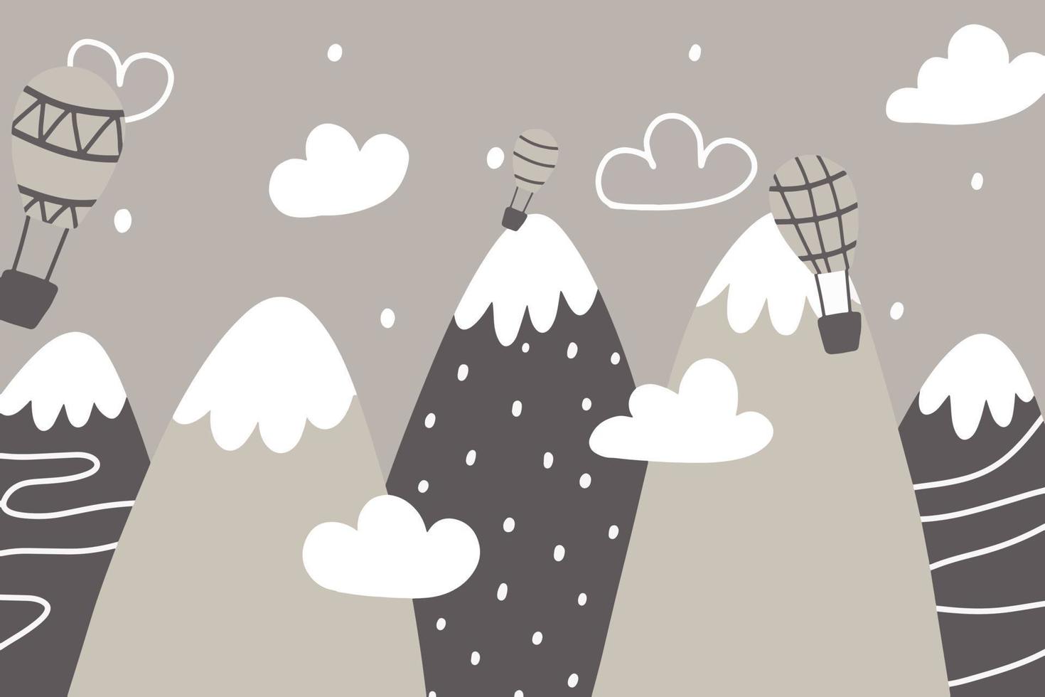 ilustración de montaña dibujada por niños vectoriales en estilo escandinavo. paisaje de montaña, sol y pájaros. papel pintado infantil. paisaje de montaña, diseño de habitaciones infantiles, decoración de paredes. estilo boho infantil. vector
