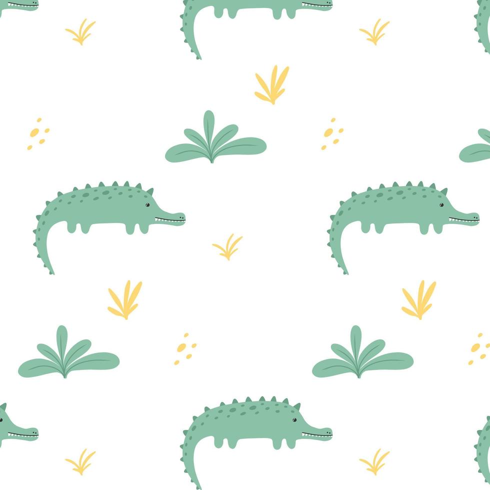 Childish pattern with cute crocodile and plants. Drawn pattern with crocodile. Alligator pattern. Vector illustration. Suitable for fabrics, wrapping paper, wallpapers.