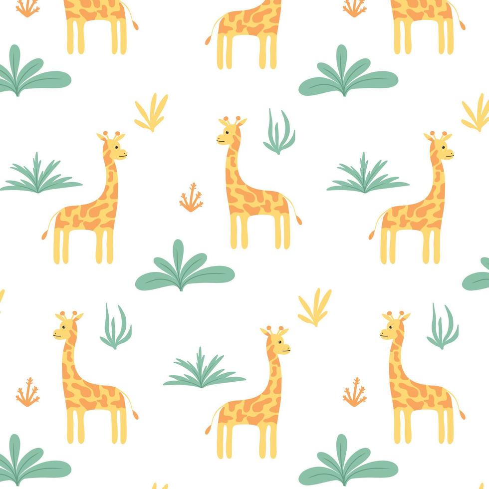 Childish pattern with cute giraffe. Drawn pattern with giraffe and plants Vector illustration.