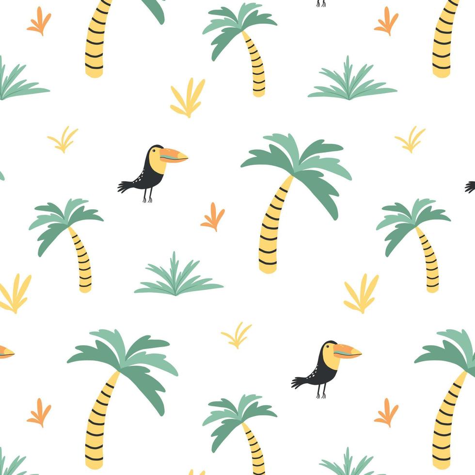 Childish seamless pattern with cute toucans and palm trees. Exotic pattern. Hand-drawn pattern with jungle. Vector illustration.