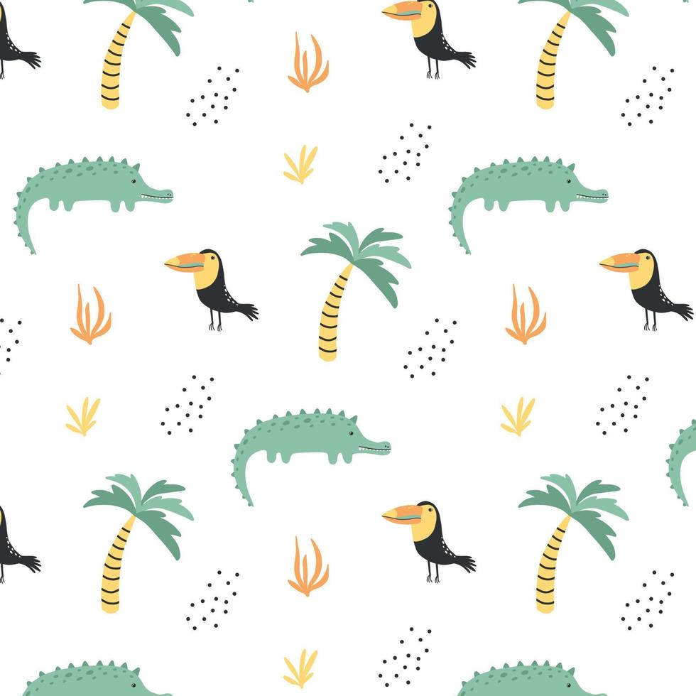 Childish pattern with jungle animals. Hand-drawn cute pattern with crocodile, toucan and palm. vector