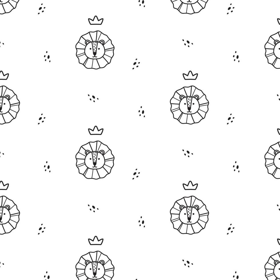 Childish pattern with lion and crown. Doodle style. Cute pattern with lion head. Vector illustration.