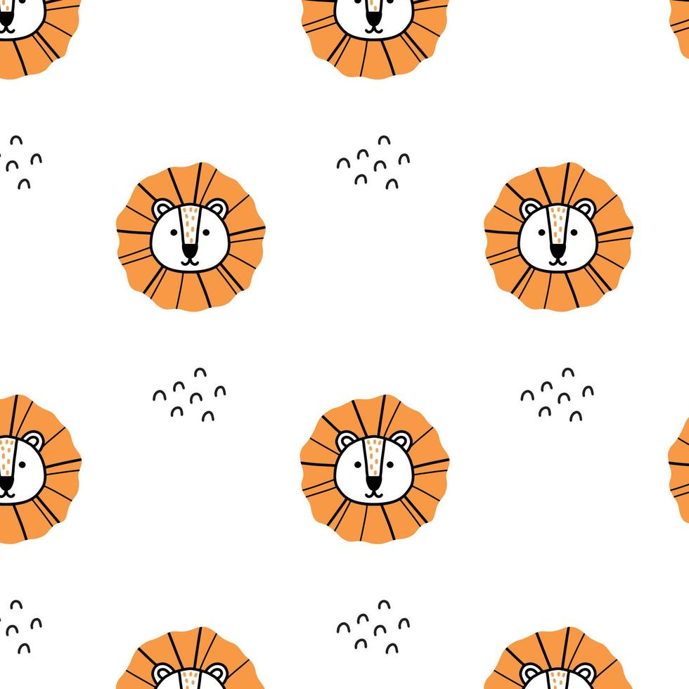 Childish pattern with lion. Doodle style. Cute pattern with lion head. Vector illustration.