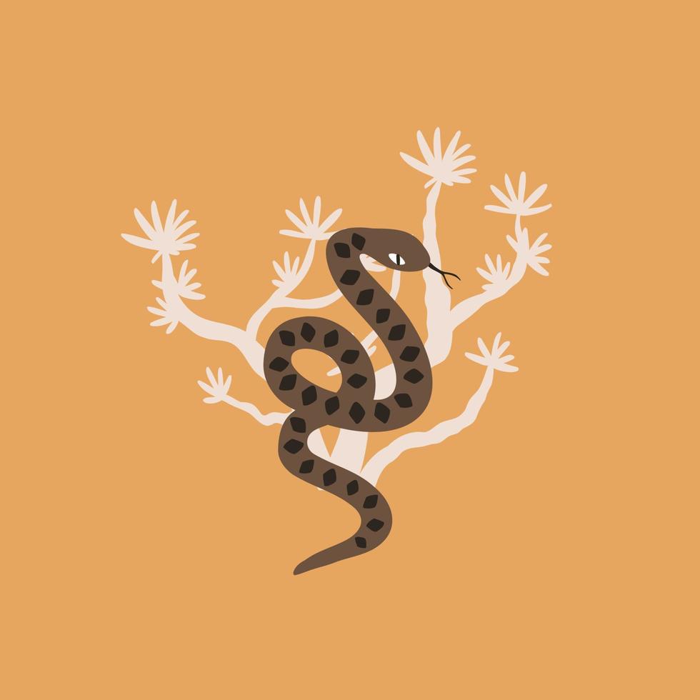 diseño de postal con serpiente y planta del desierto. ilustración vectorial dibujada a mano. vector