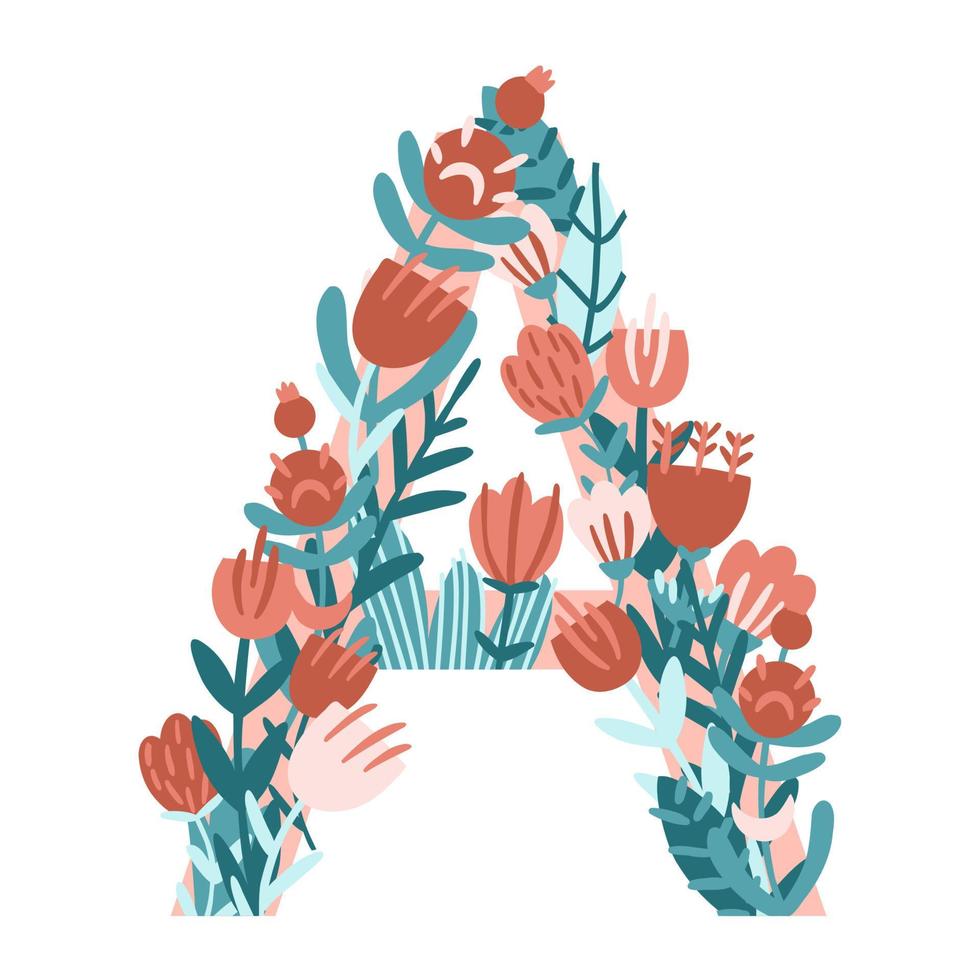 Letter A is 1 letter of the alphabet. Hand drawn vector monogram composed of flowers, branches and leaves on a white background. flowers in flat style.