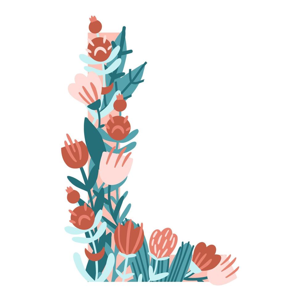 Letter L. Hand drawn vector monogram composed of flowers, branches and leaves on a white background. flowers in flat style.