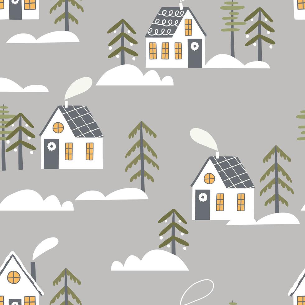 flat pattern with winter houses, fir trees, snow drifts. design for fabric, wrapping paper, background. vector