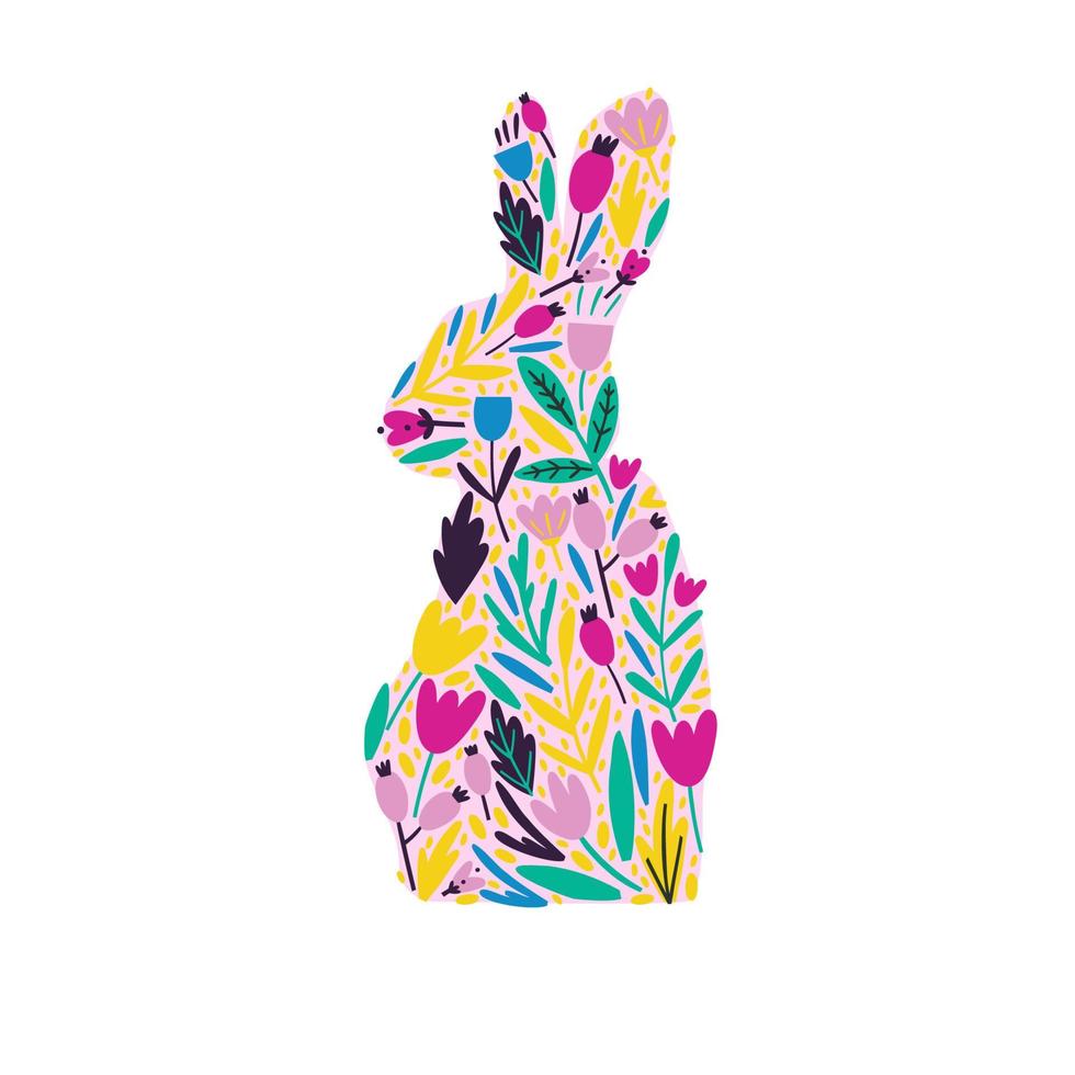 silhouette of an easter bunny from flowers. flat vector illustration hand drawn.