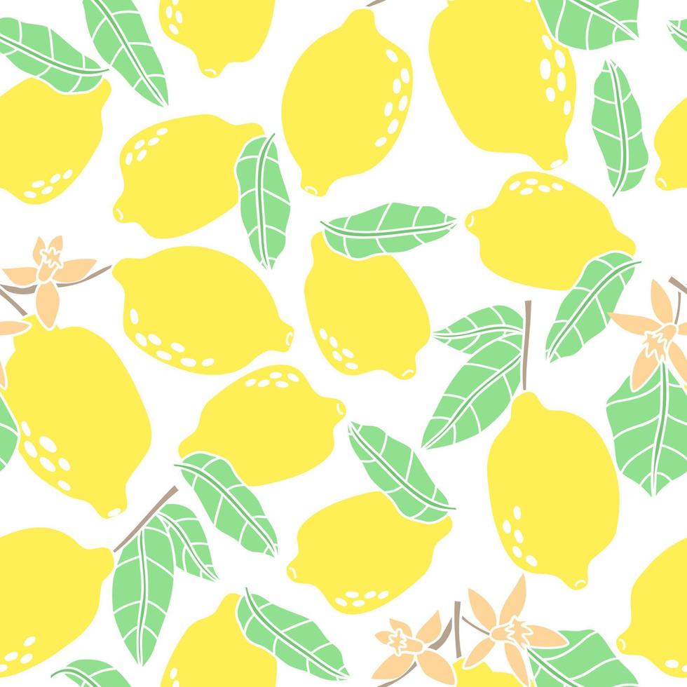 pattern with flat lemons and hand drawn lemon leaves. vector illustration