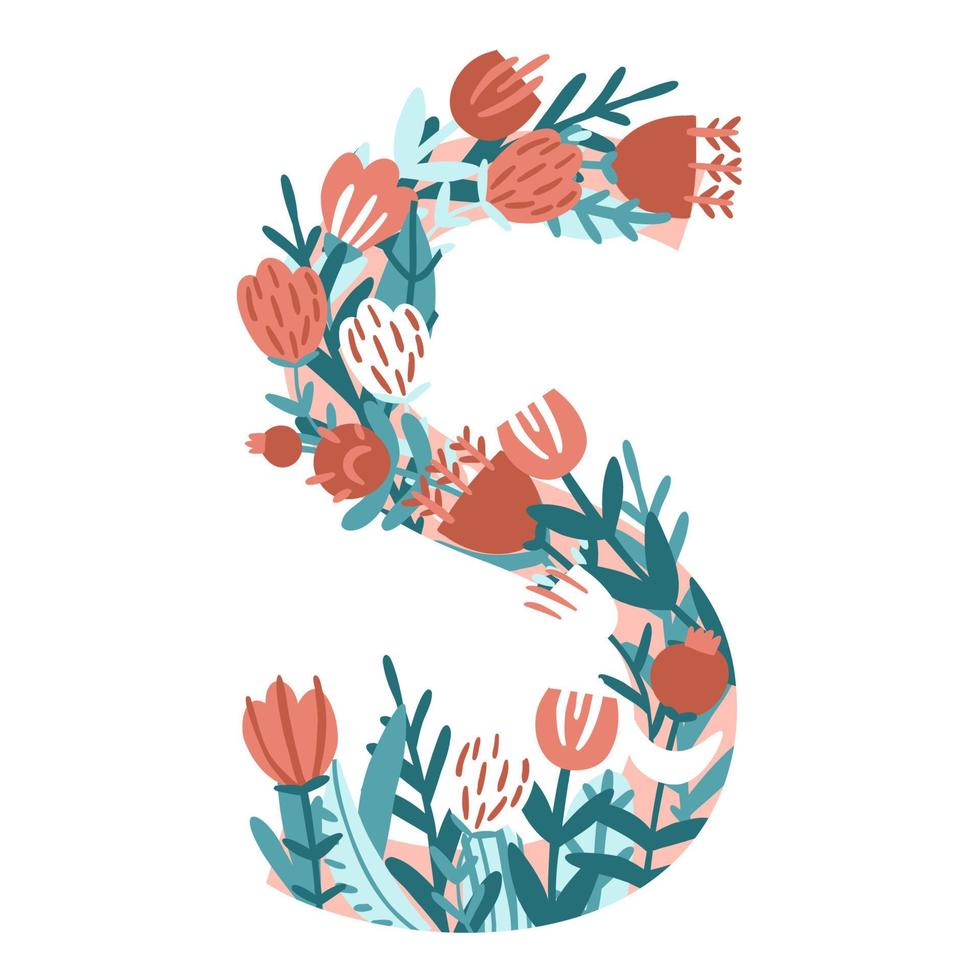 letra s - 19 letras del alfabeto. monograma vectorial dibujado a mano compuesto de flores, ramas y hojas sobre un fondo blanco. flores en estilo plano. vector