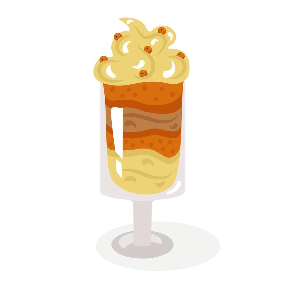 Carrot trifle, a dessert laid out in layers in a glass glass, decorated with whipped cream and orange berries. Cute, cozy vector illustration. For a holiday card, banner, menu, coffee shop flyer.