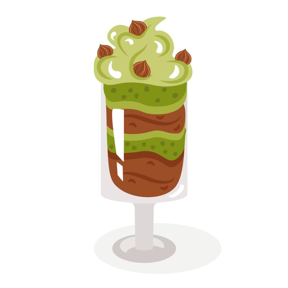 Trifle with matcha tea, dessert laid out in layers in a glass glass, decorated with whipped cream and nuts. Cute, cozy vector illustration. For a holiday card, banner, menu, coffee shop flyer.