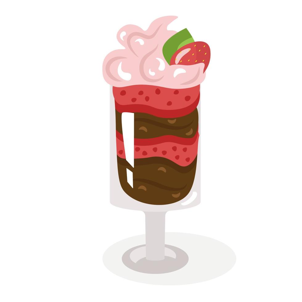 Strawberry trifle, a dessert laid out in layers in a glass glass, decorated with whipped cream and berries. Cute, cozy vector illustration. For a holiday card, banner, menu, coffee shop flyer.