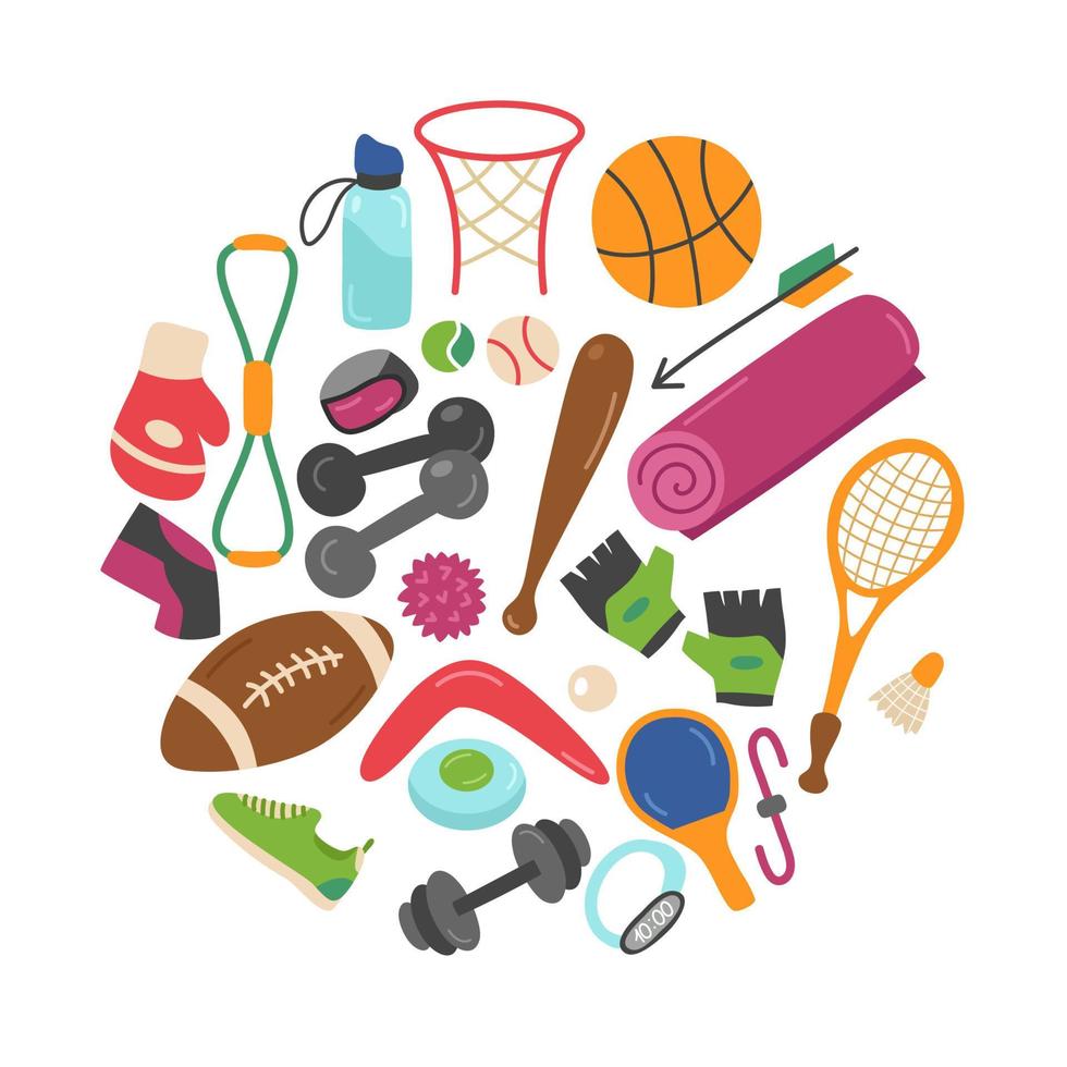 Sports equipment set of elements. Balls for American football and volleyball, punching bag, gloves, tennis racket, dumbbells, kettlebell, mat. Vector fitness collection in the shape of a circle.