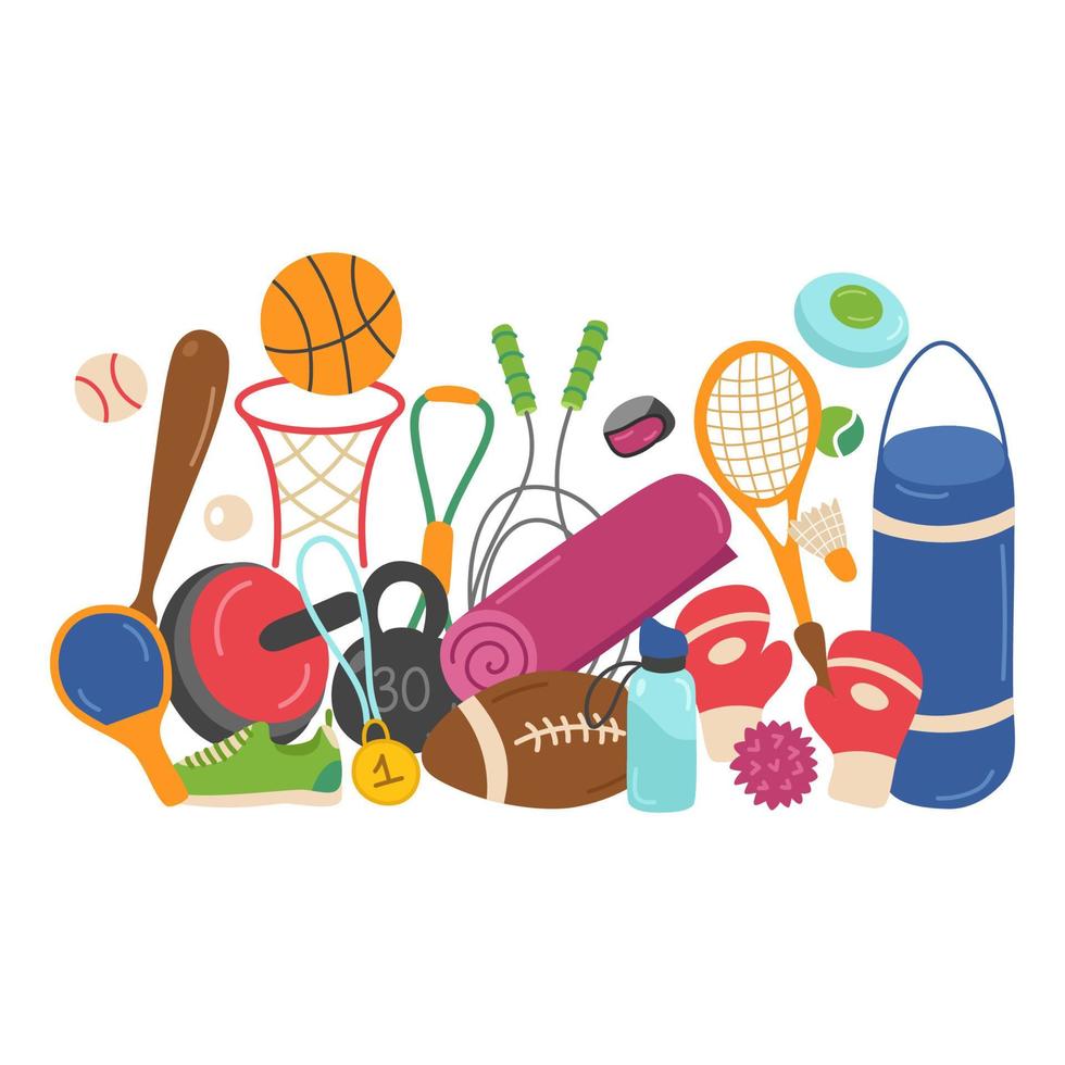 Banner with sports equipment. Boxing, balls for American football and volleyball, tennis racket, dumbbells, kettlebell, mat, water bottle. Vector illustration for a fitness or design website.