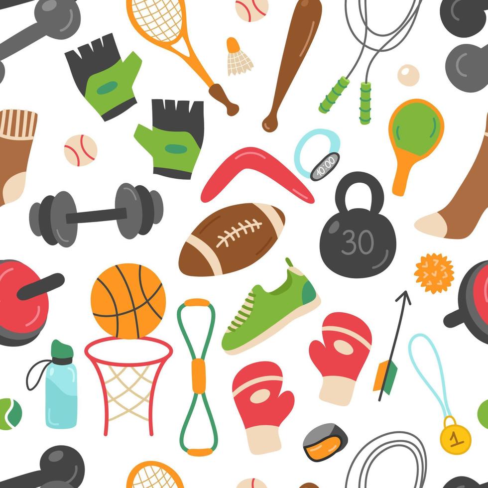 Seamless pattern with sports equipment. Boxing, ball, football, volleyball, tennis, racket, dumbbells, kettlebell, water bottle. Vector background for printing on textiles, fabrics, packaging.