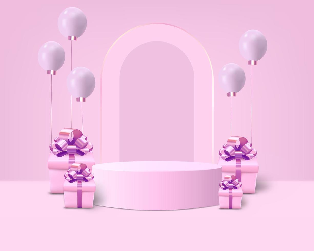 cilindro con caja de regalo y escena en el fondo rosa vector