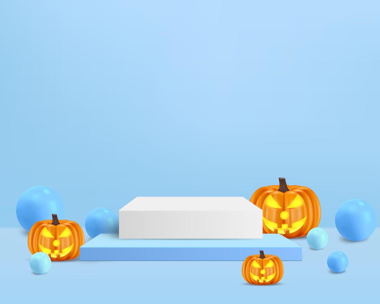 pedestal cuadrado con bola 3d en el fondo azul para halloween vector