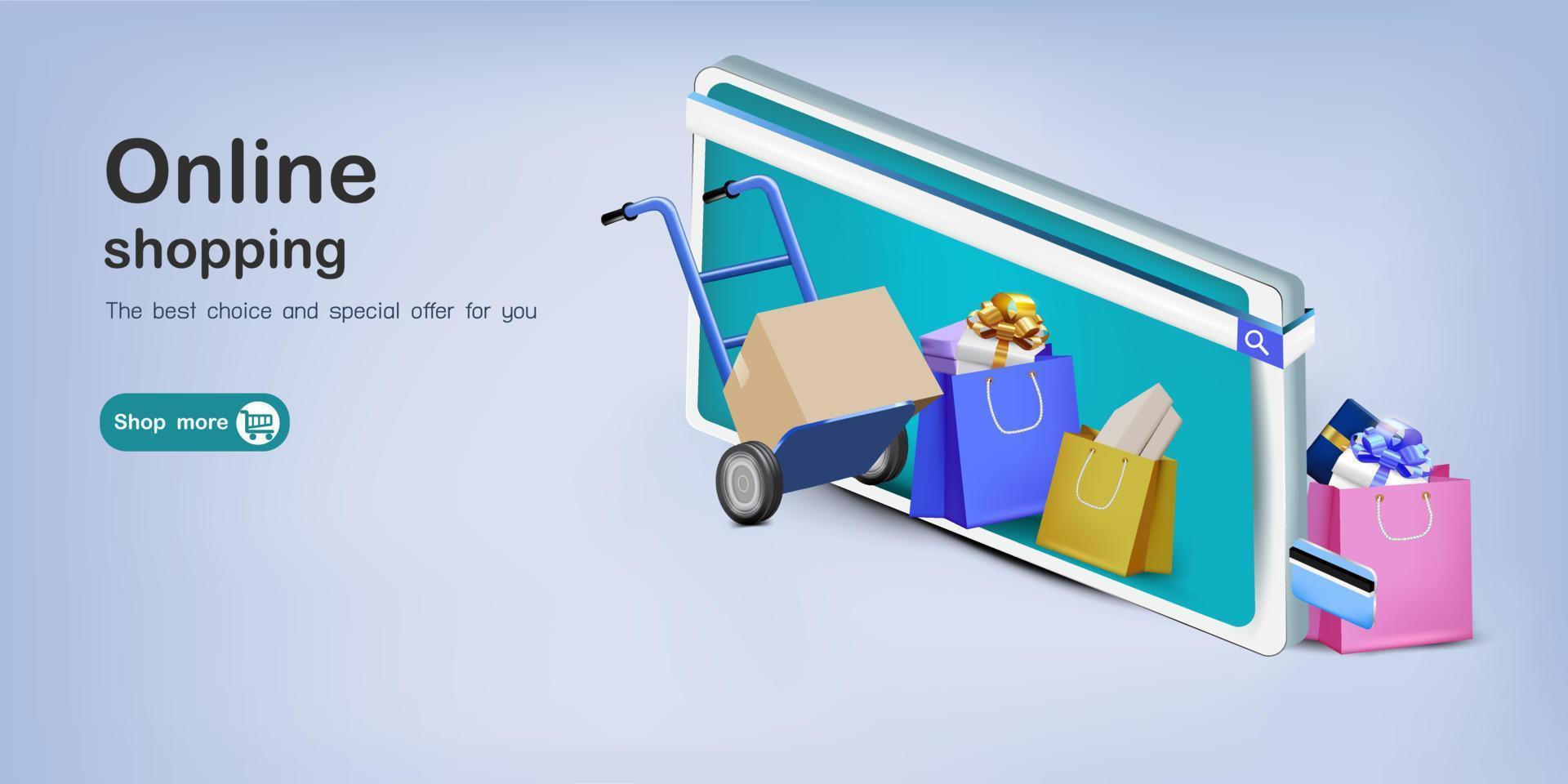 carrito con bolsa de compras y caja de regalo para compras en línea vector