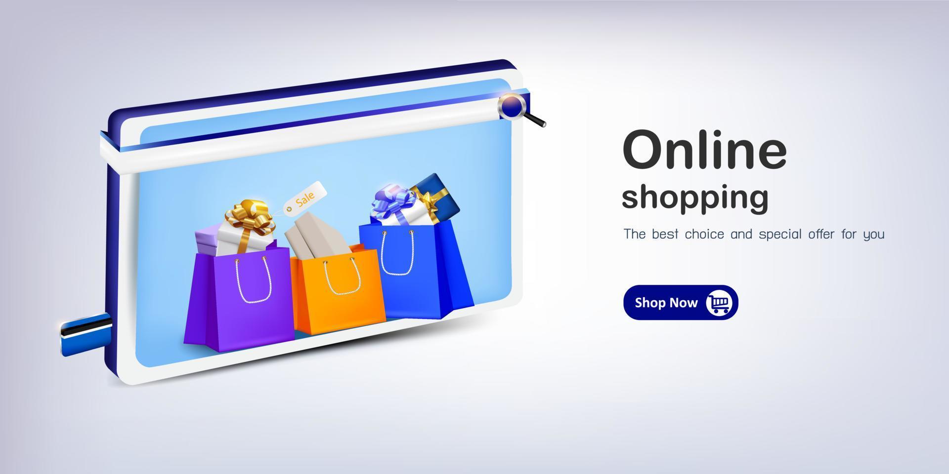 Gift with shopping bag and card for online shopping vector