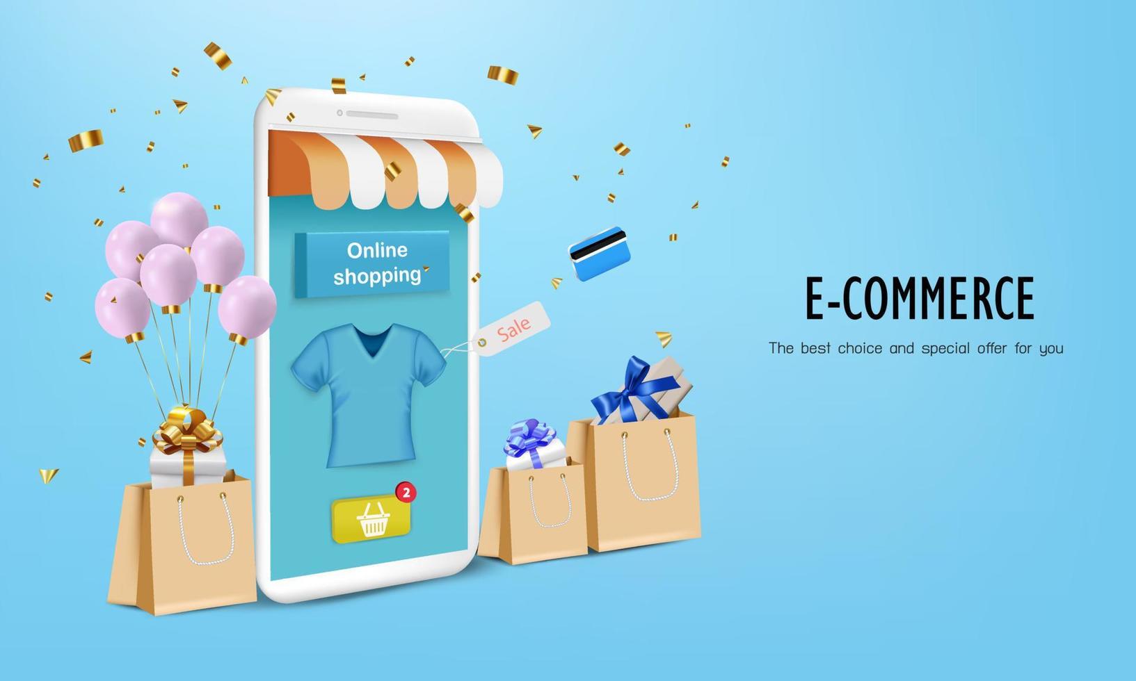 bolsa de compras con camisa y teléfono inteligente en el fondo azul vector