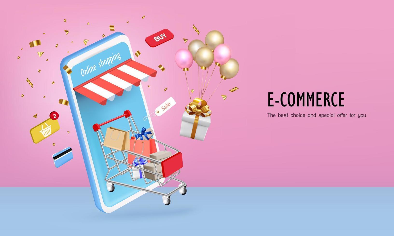 The smartphone is floating with shopping cart and balloon for online shopping vector