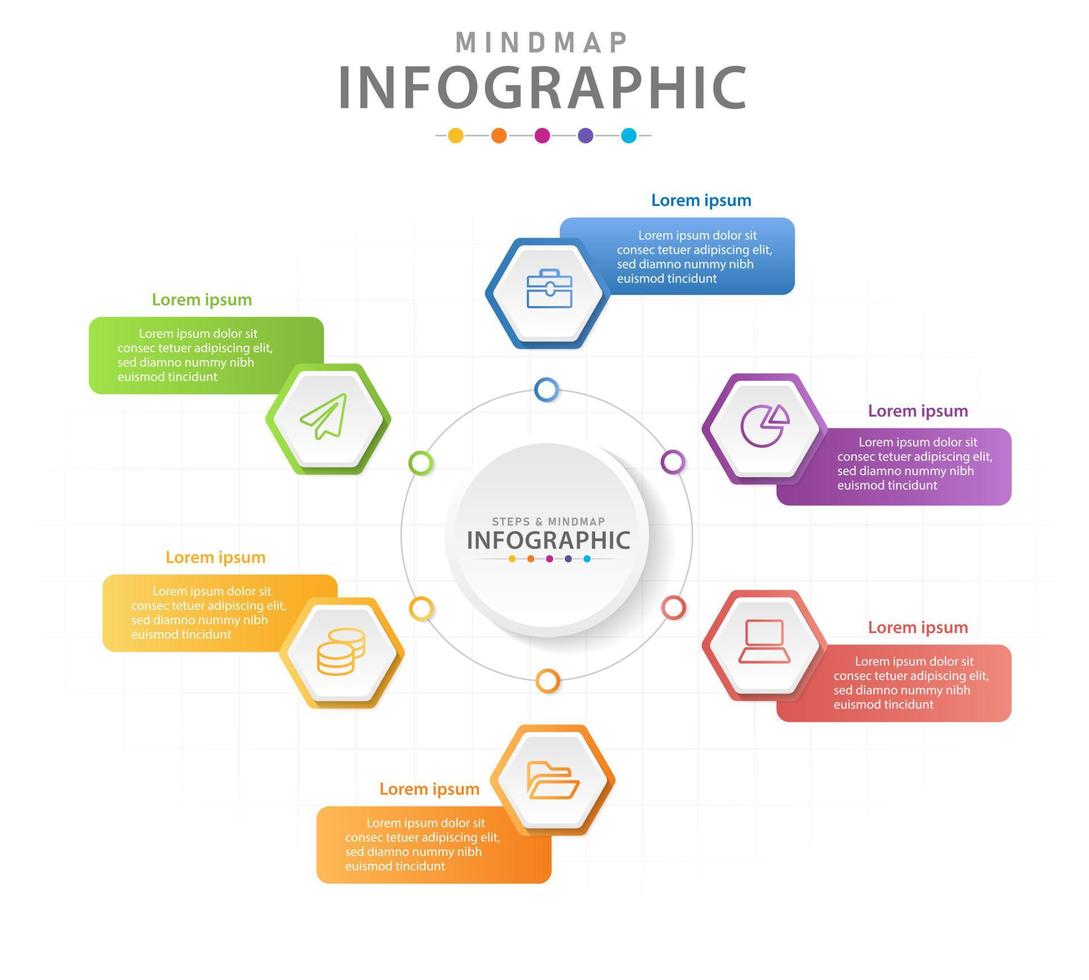 plantilla infográfica para negocios. Diagrama de mapa mental moderno de 6 pasos con hexágonos, infografía vectorial de presentación. vector