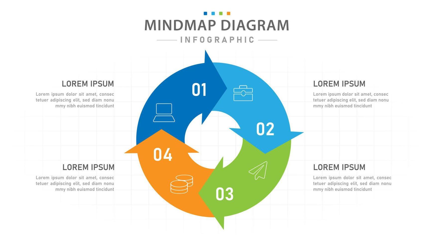 plantilla infográfica para negocios. Diagrama de mapa mental moderno de 4 pasos con ciclos, infografía vectorial de presentación. vector