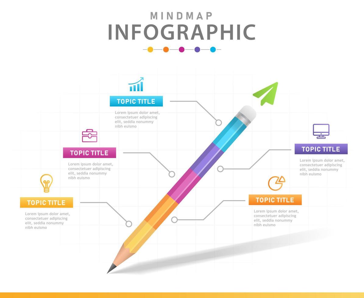 plantilla infográfica para negocios. Diagrama de mapa mental moderno de 5 pasos con lápiz, infografía vectorial de presentación. vector