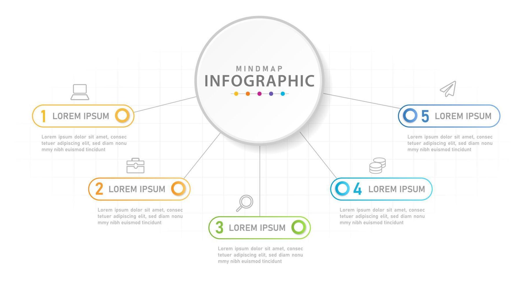 plantilla infográfica para negocios. Diagrama de mapa mental de 5 pasos con círculo. vector