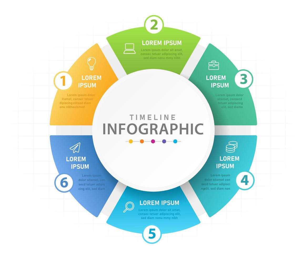 plantilla infográfica para negocios. Diagrama de mapa mental de 6 pasos con gráfico circular. vector